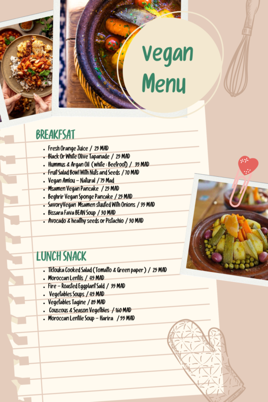 Vegan Food Menu for Breakfast and lunch delivery service in Marrakech