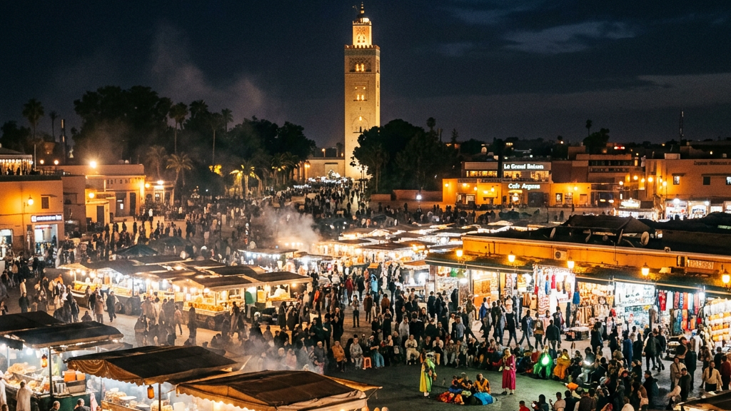 Crowded night market with food stalls and people near a tall mosque tower