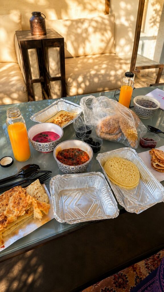 Vegan breakfast set on a table for guests in Marrakech