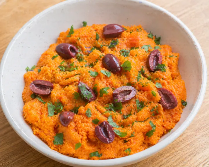 Mashed Carrot with Red Olive Salad